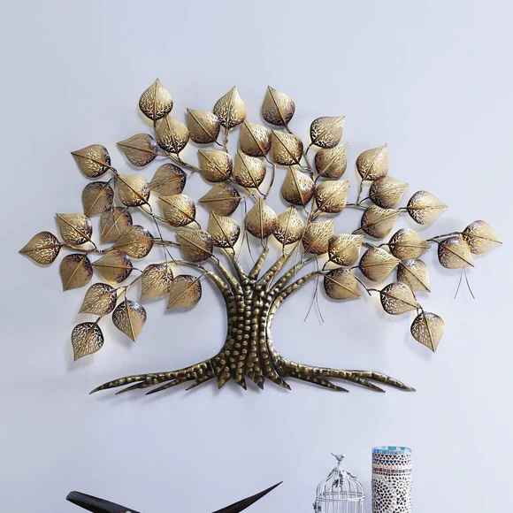 Metal Golden Decorative LED Paan Tree Wall Art